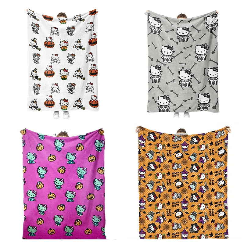 Hello Kitty Halloween Pumpkin Plush Flannel Printed Blanket Anime Cartoon Cute Office Sofa Thick Insulated Sleeping Blanket Gift