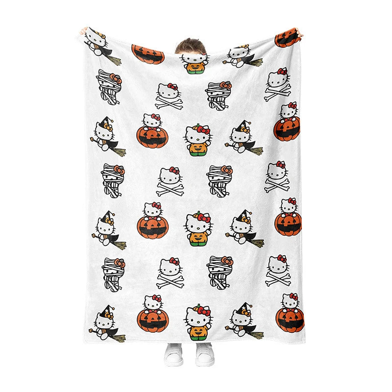 Hello Kitty Halloween Pumpkin Plush Flannel Printed Blanket Anime Cartoon Cute Office Sofa Thick Insulated Sleeping Blanket Gift