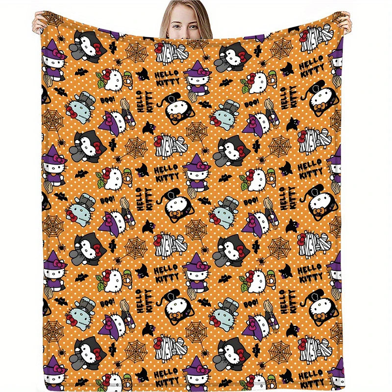 Hello Kitty Halloween Pumpkin Plush Flannel Printed Blanket Anime Cartoon Cute Office Sofa Thick Insulated Sleeping Blanket Gift