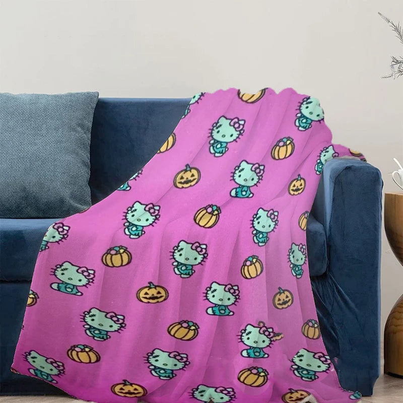 Hello Kitty Halloween Pumpkin Plush Flannel Printed Blanket Anime Cartoon Cute Office Sofa Thick Insulated Sleeping Blanket Gift